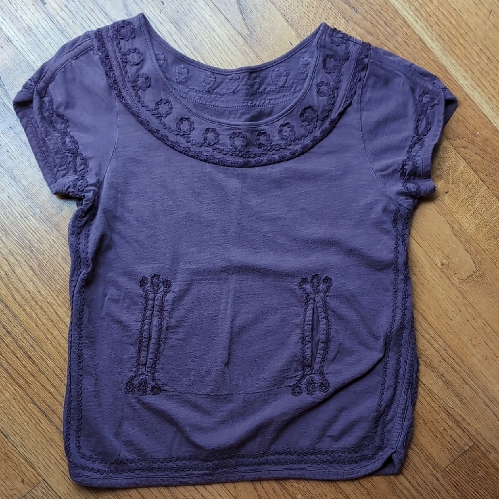 Anthropologie Purple Short Sleeve Tee with Embellished Neckline